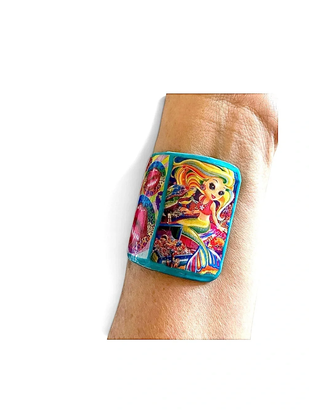Bright and Whimsical Character Bracelet with Cute Girl and Kitten, Lips, Leopard